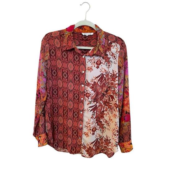 Rose Olive Women Small Top Shirt White Coral Peach Button Down - Picture 1 of 5